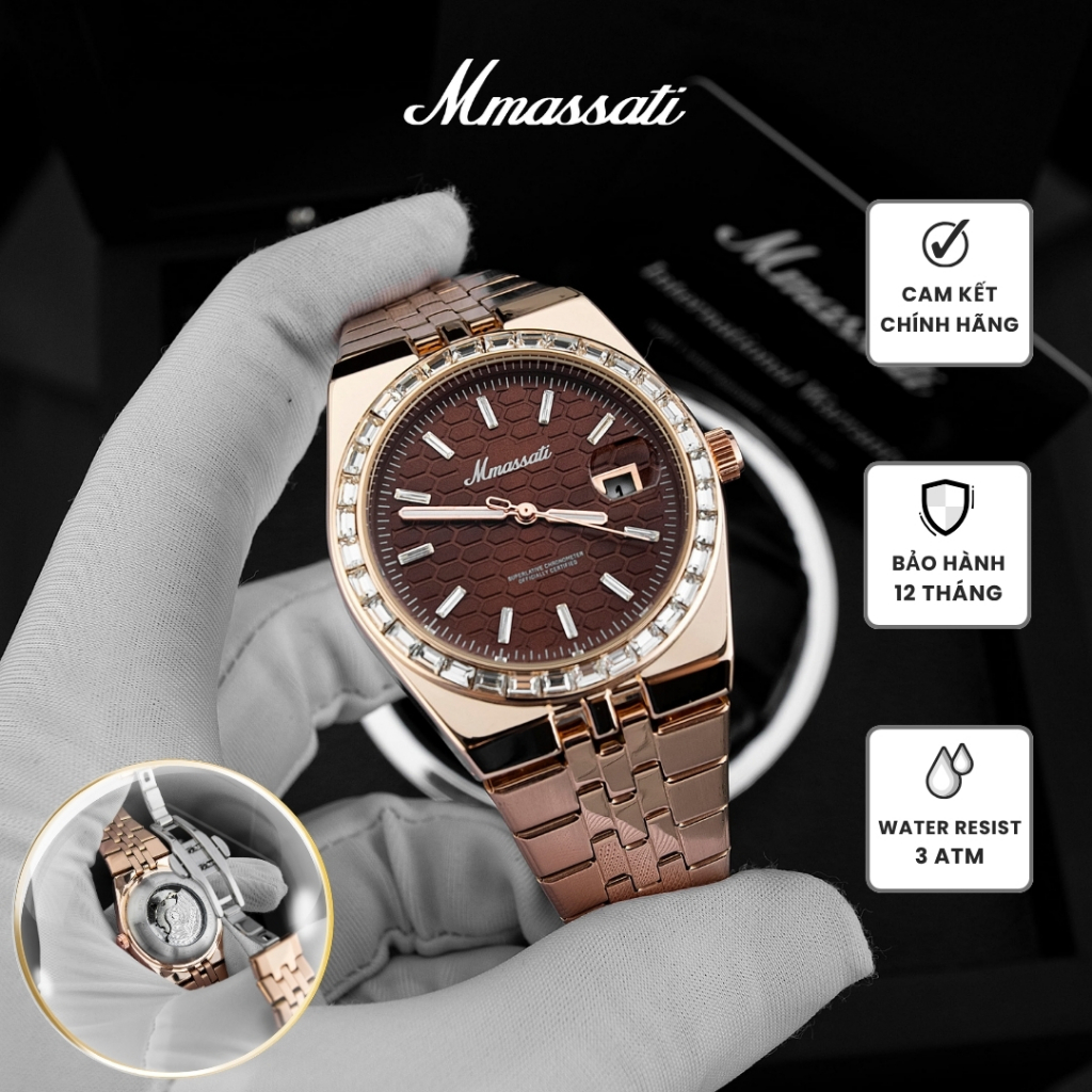 N518 - Đồng Hồ Nam Mmassati Automatic Dây Thép Demi Mặt Nâu Vân Tổ Ong Sang Trọng