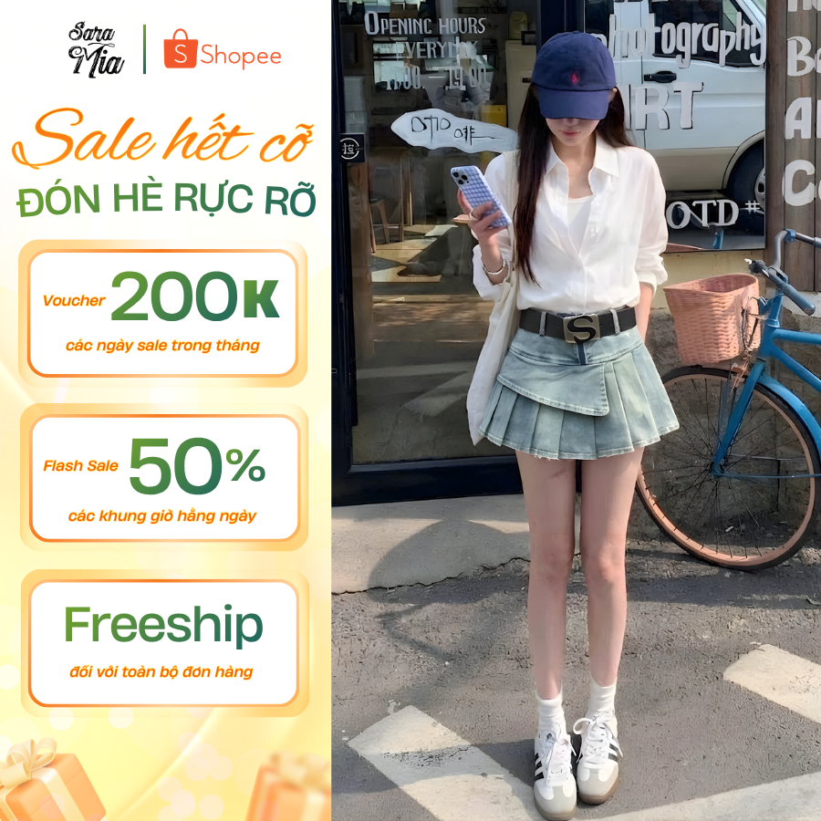 Chân váy jean SARAMIA, chân váy ngắn jean bò dáng chữ A xếp li màu xanh đen siêu hack dáng A27 | BigBuy360 - bigbuy360.vn