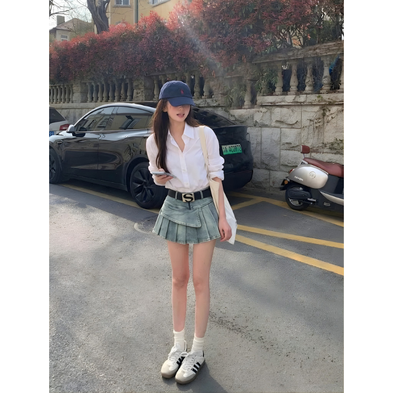 Chân váy jean SARAMIA, chân váy ngắn jean bò dáng chữ A xếp li màu xanh đen siêu hack dáng A27 | BigBuy360 - bigbuy360.vn