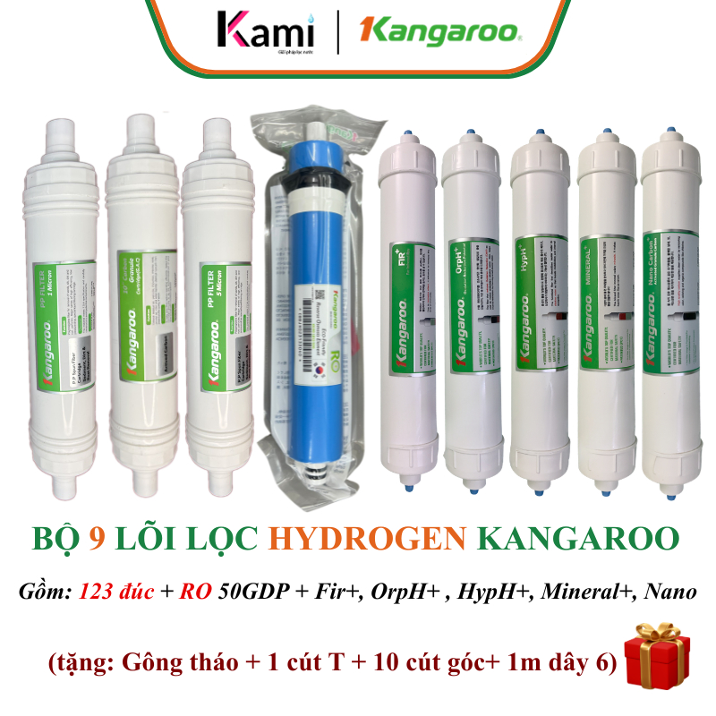 Bộ 9 lõi lọc nước Hydrogen cho máy Kangaroo KGRP88, KGHP66.... (123, RO 50, Fir+, Orph+, Hyph+, Mine