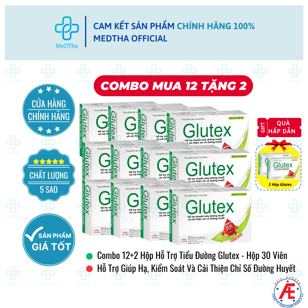 [COMBO 12 HỘP TẶNG 2 HỘP] Glutex Hỗ Trợ Ổn Định Đường Huyết Lâu Dài, Ngăn Ngừa Biến Chứng Tiểu Đường