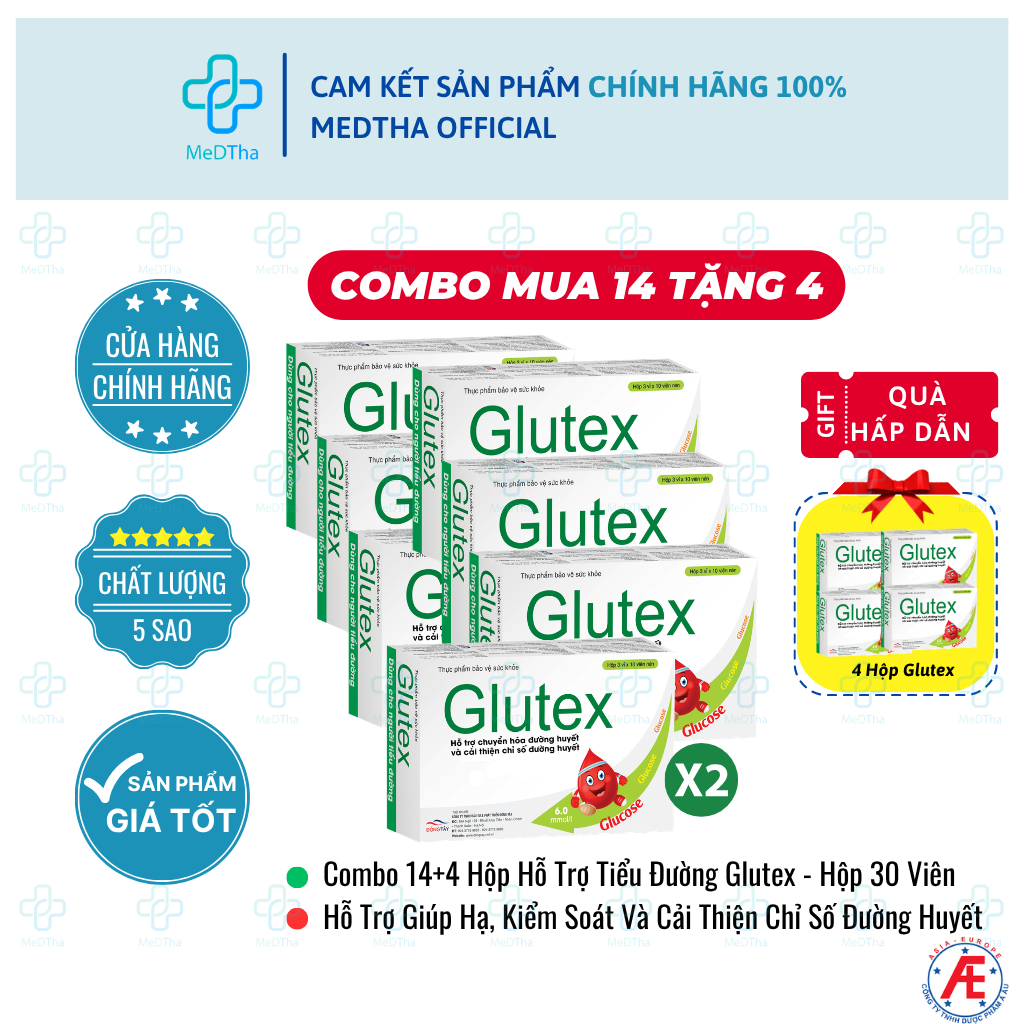 [COMBO 14 HỘP TẶNG 4 HỘP] Glutex Hỗ Trợ Ổn Định Đường Huyết Lâu Dài, Ngăn Ngừa Biến Chứng Tiểu Đường