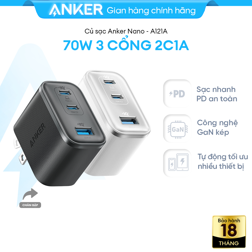Củ sạc nhanh Anker Nano 70W | 3 cổng 2C1A sạc 3 thiết bị cùng lúc | Dành cho Samsung - iPhone 15/16 