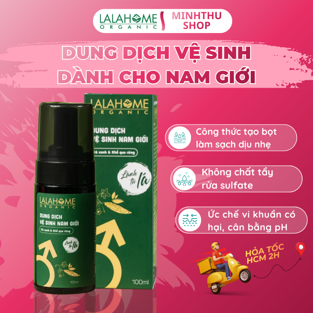 (Lalahome Organic) Dung Dịch Vệ Sinh Nam Giới 100ml, Tạo Bọt, Chiết Xuất Trà Xanh & Khổ Qua Rừng