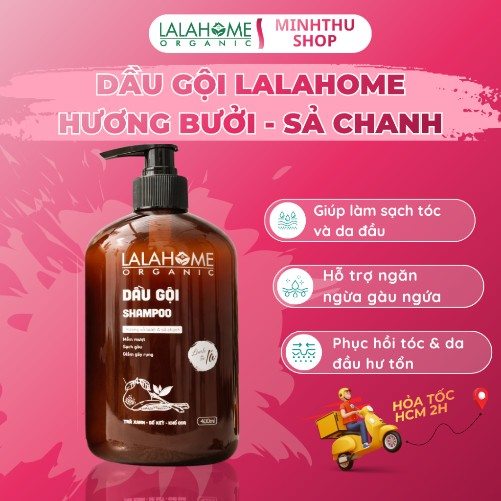 (Lalahome Organic) Dầu Gội Hương Bưởi Sả Chanh 400ml, Ngăn Ngừa Gàu, Rụng, Tóc Chắc Khỏe