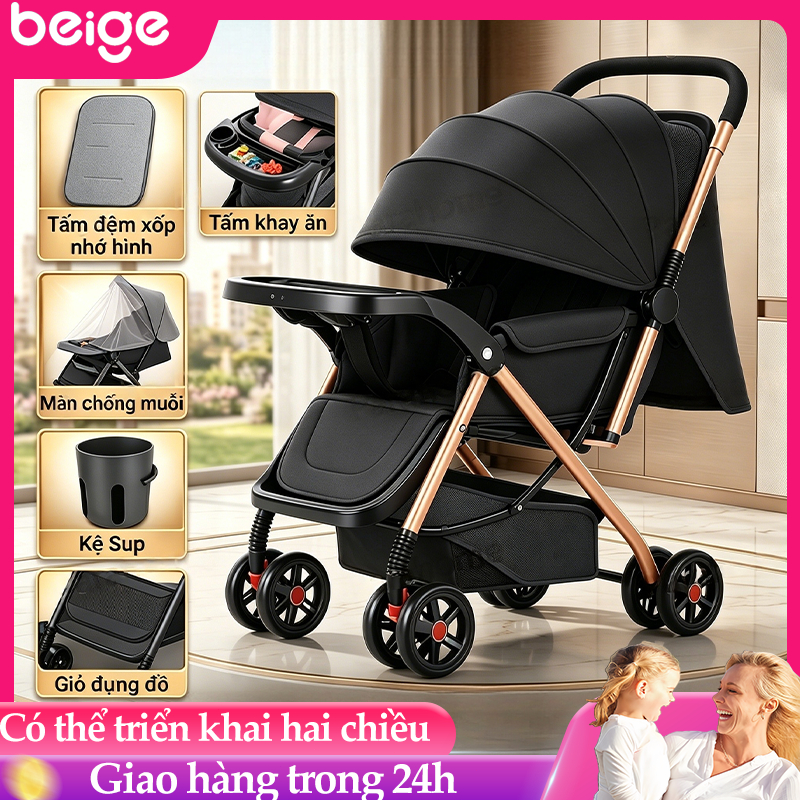 Xe đẩy cho bé Funnio HT105 khung đen, đẩy 2 chiều, 3 tư thế ngồi ngả nằm, phù hợp với bé sơ sinh