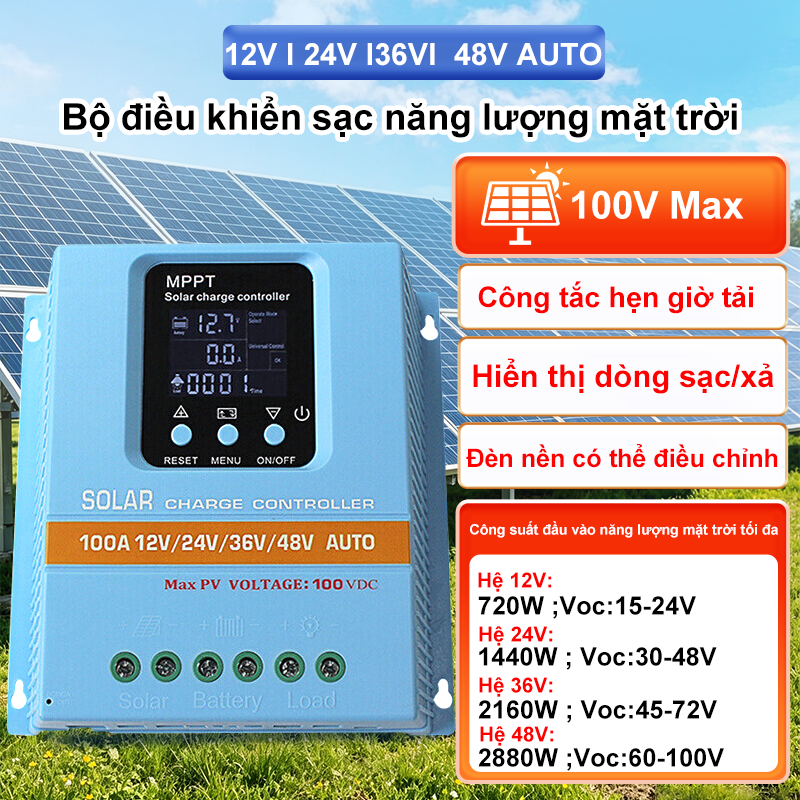 MPPT 100A Solar Charge Controller 12/24/36/48V Màn hình LCD hỗ trợ pin axit chì, gel, lithium.