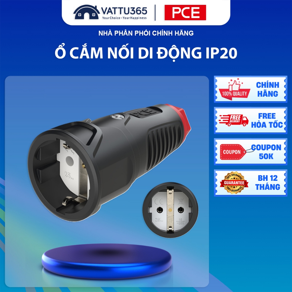 Ổ Cắm Cao Su Di Động PCE IP20 F2510-SR Chính Hãng | Rubber Connector Splashproof 16A Không Kín Nước