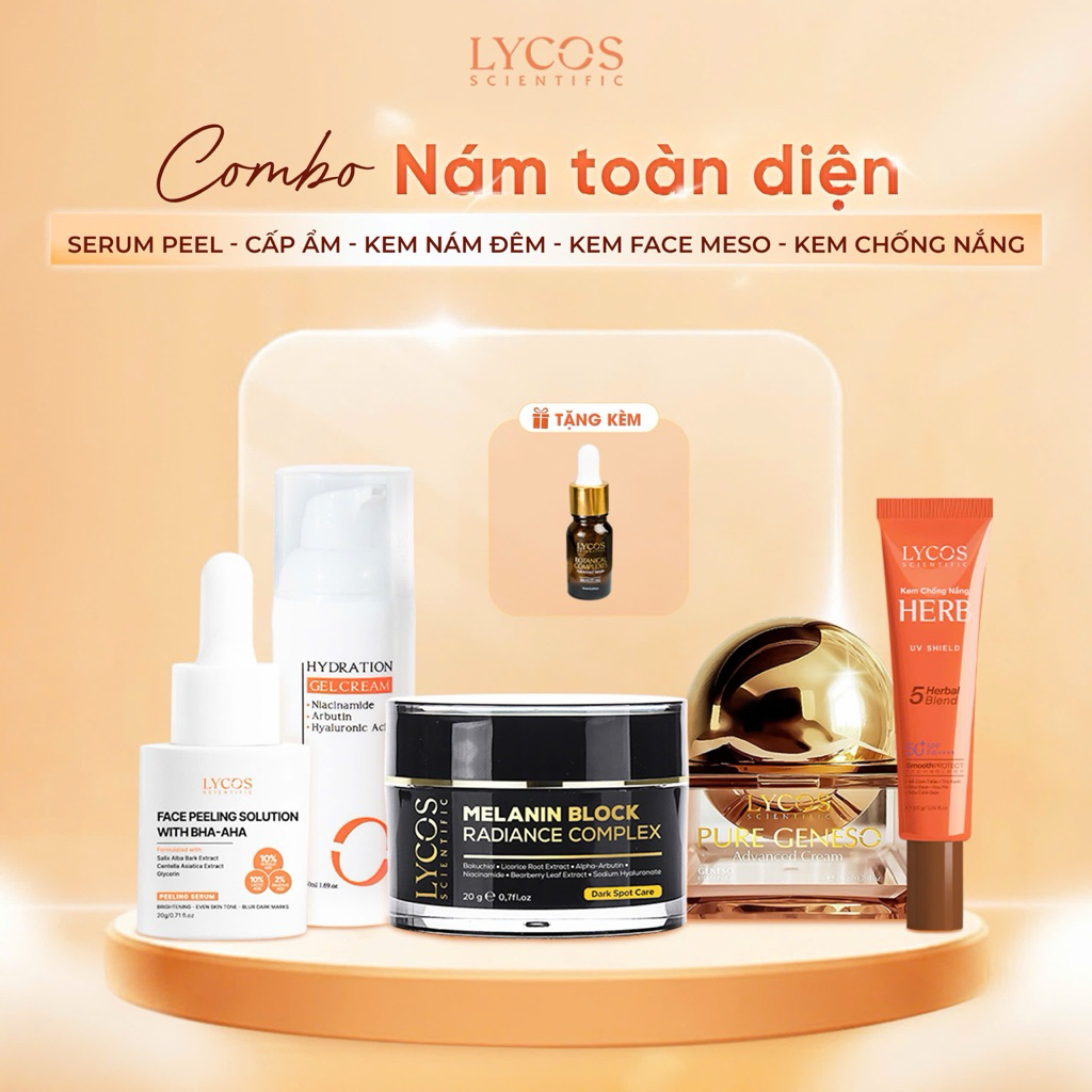 Combo 5 Bước Nám Toàn Diện Lycos – Peel + Cấp Ẩm + Kem Nám + Face Meso + Chống Nắng