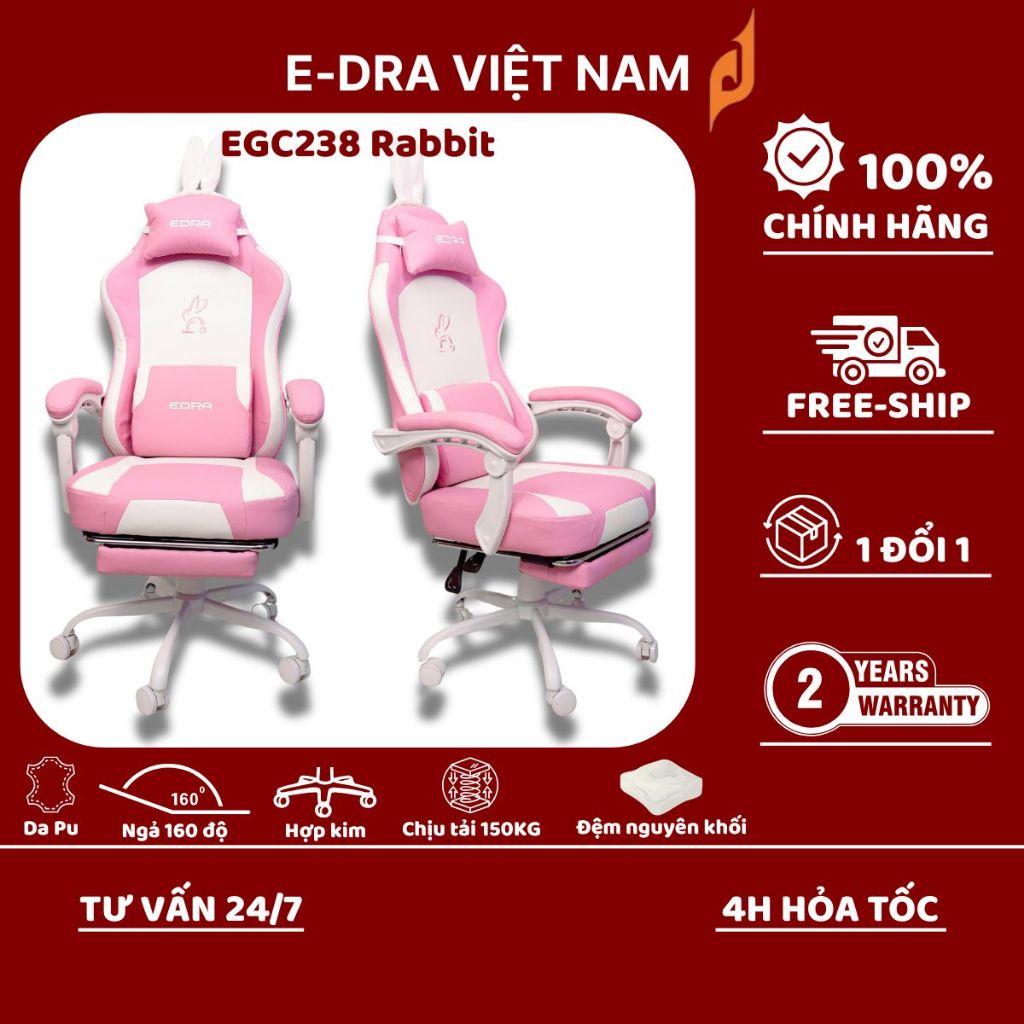 Ghế game E-DRA EGC238 Rabbit chịu tải 150kg, đệm mật độ cao, ngả 155 độ. Bảo hành chính hãng