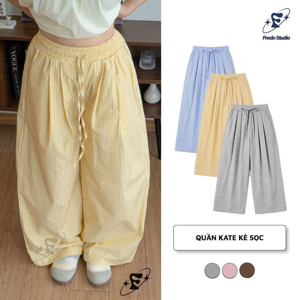 Quần Kẻ Sọc Ống Rộng Kate Striped Pants Hottrend, Quần Kẻ Ống Suông Phối Dây Rút - FQD106