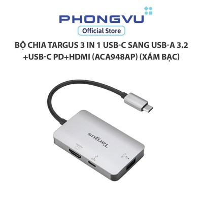 Bộ chia/ Hub chuyển đổi Targus 3 in 1 USB-C sang USB-A 3.2+USB-C PD+HDMI (ACA948AP) (Xám bạc) - Bảo hành 12 tháng