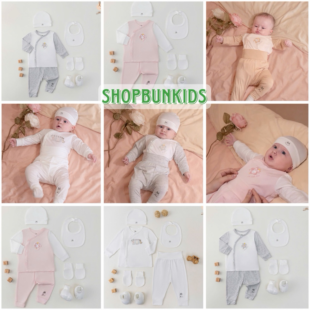[ Combo sơ sinh LiL ]  Bộ dài tay sơ sinh vải Little Love LIL vải hè mỏng cài chéo kèm mũ bao tay ch