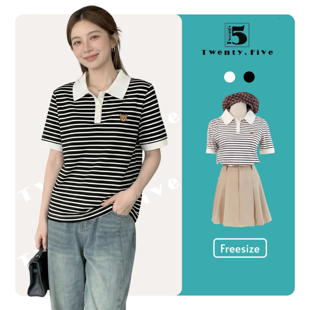 Áo Phông Nữ Kẻ Sọc Tay Ngắn Phối Cổ Polo – Freesize Kẻ Đen Trắng Trẻ Trung, Năng Động | Twentyfive F