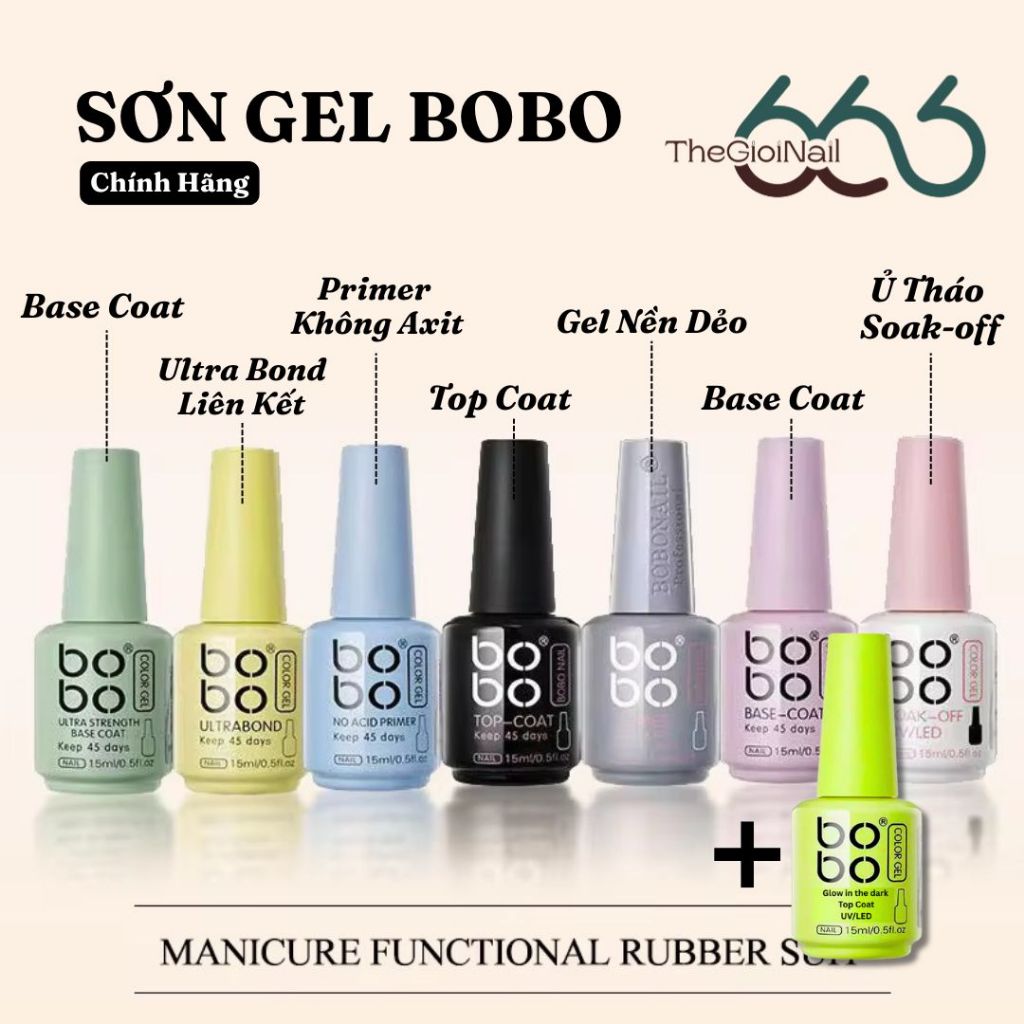 Sơn Gel BOBO Full Set CHÍNH HÃNG – Base Rubber, Top Coat, Primer, Soak Off, Cứng Móng Nail Chuyên Ng