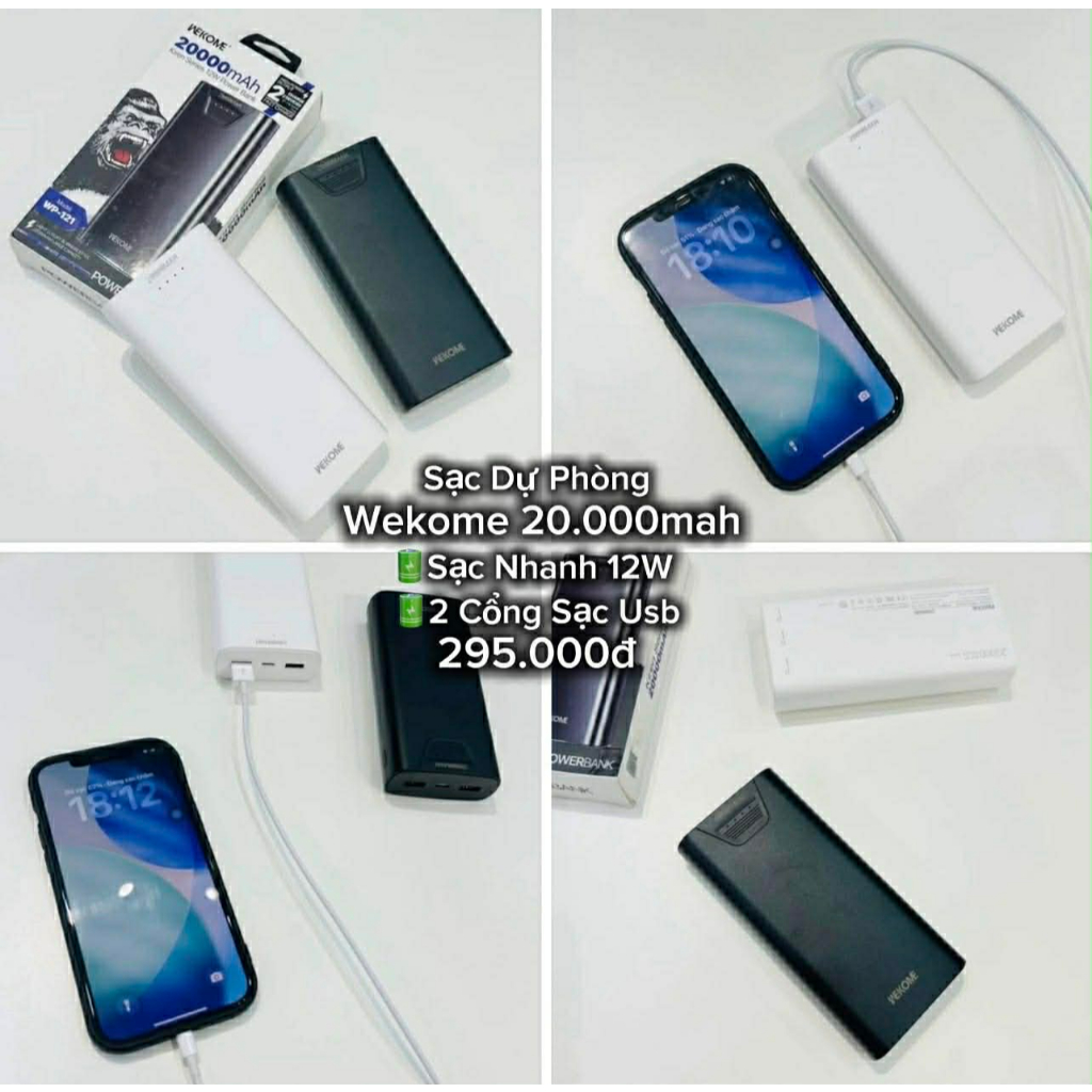 Sạc dự phòng WEKOME WP-121 20000mAh Hỗ Trợ Sạc Nhanh 12W Có 2 Cổng Sạc Usb