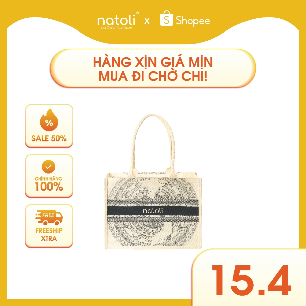 Túi cói vintage, túi đi biển NATOLI đi du lịch, đi chơi có khóa kéo đựng đồ tiện lợi BST Artisan Eco Jute Tote T36