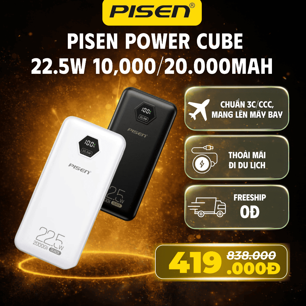 PISEN Sạc Dự Phòng 10000mAh/20000mAh 22.5W Sạc Nhanh PD, 3 Cổng, Nhỏ Gọn, Mang Lên Máy Bay TP-D183