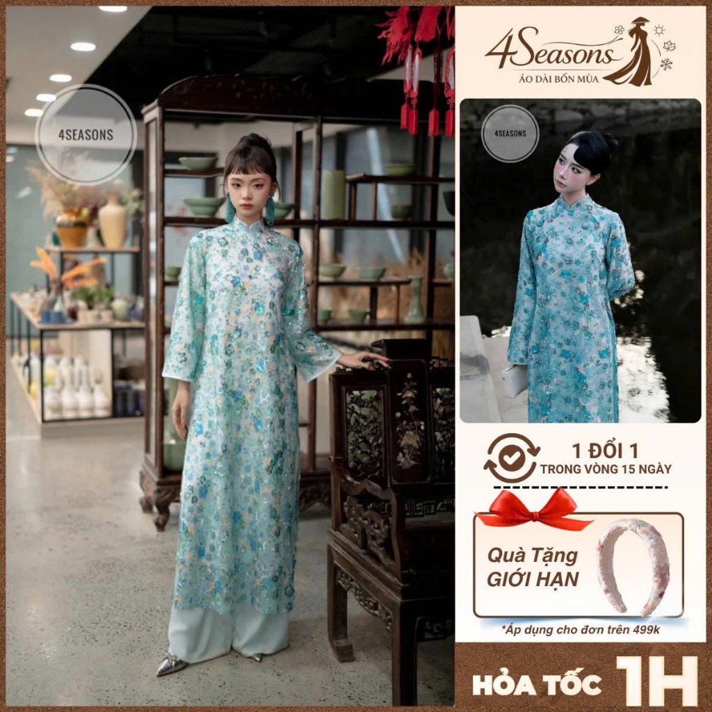 [KÈM QUẦN] Set Áo Dài Kim Sa Xanh Blue Dáng Suông Dài Tiểu Thư Sang Trọng - 4seasons