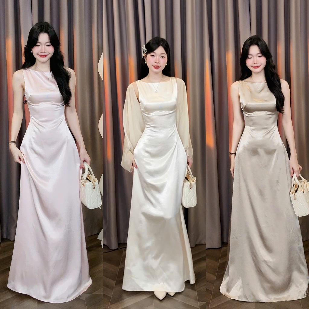 [Đ.37-L] (Váy Lẻ - Ko Kèm Choàng) Đầm Chấm Lụa Kín Lưng Dáng Dài Sang Trọng Women Top Dress | Tũm Cl