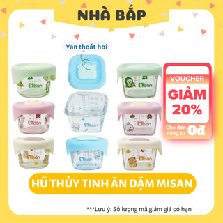 Hộp trữ đồ ăn dặm Misan thủy tinh chia vạch, nắp silicon có van cho bé từ 6 tháng - Nhà Bắp Store