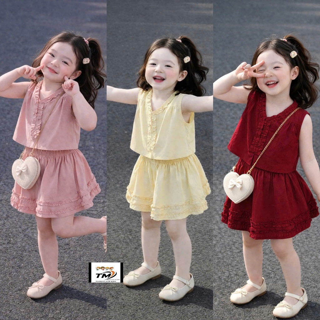 Váy cho bé gái, Sét đồ áo sát nách chân váy chữ a thiết kế bèo nhún xòe cho bé 10-35kg Luna Kids