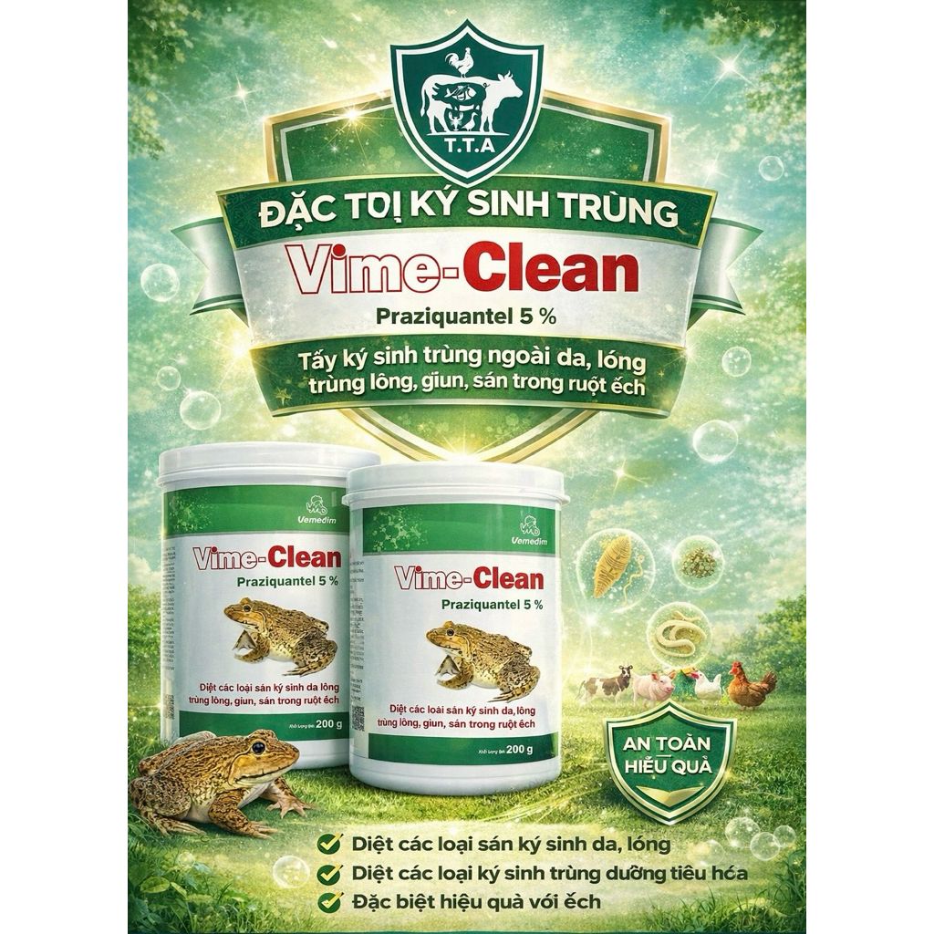 Vemedim Vime-Clean Praziquantel 5% -  trùng ngoài da, giun sán trong ruột ếch giúp ếch lớn nhanh chó