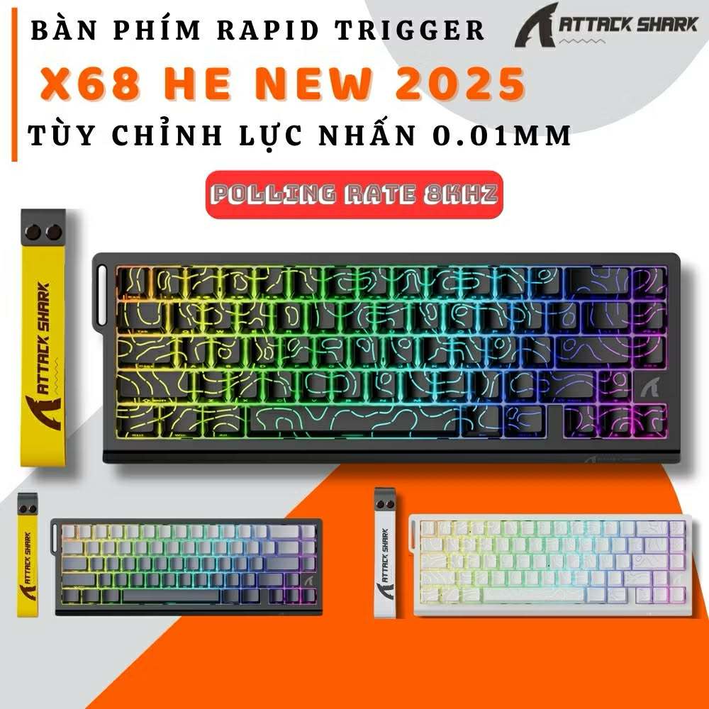 Bàn phím Cao Cấp Rapid Trigger Attack Shark X68 HE New 2025 Keycap Xuyên Led Polling Rate 8.000Hz