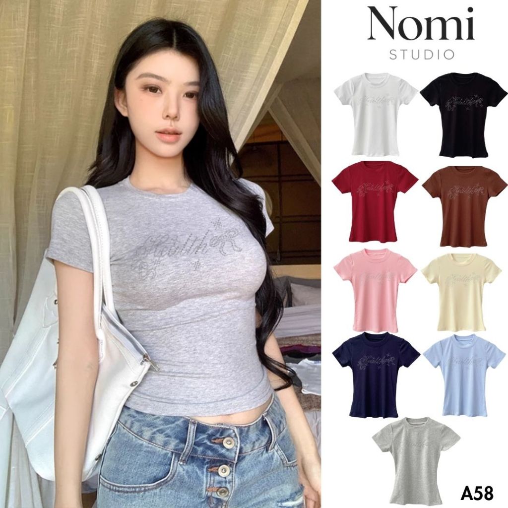 Áo Thun Nữ Baby Tee Form Ôm 𝐍𝐎𝐌𝐈 𝐒𝐓𝐔𝐃𝐈𝐎, Tôn Dáng, In Chữ Health Đính Đá Dễ Phối A58