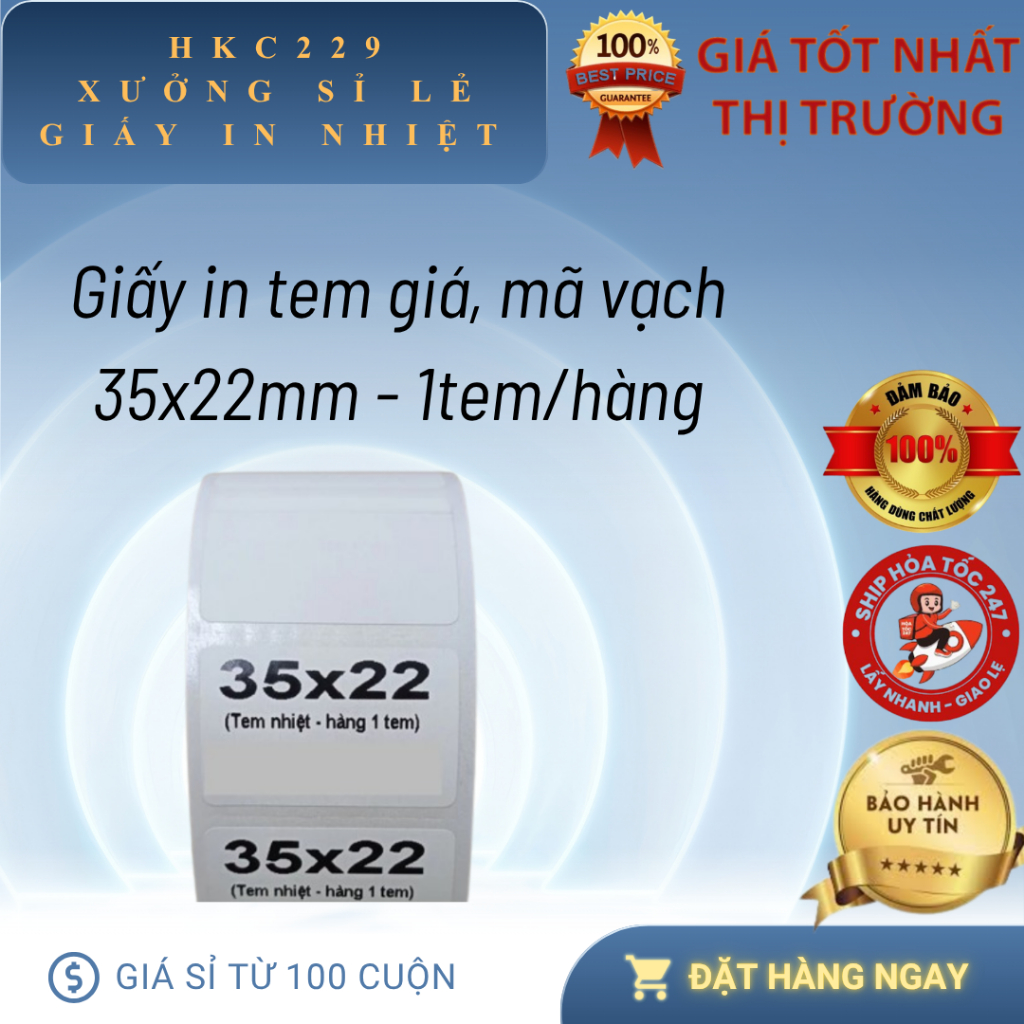 Cuộn in mã vạch, tem nhiệt khổ 1 tem 35x22 mm , giấy in khổ 35x22 mm