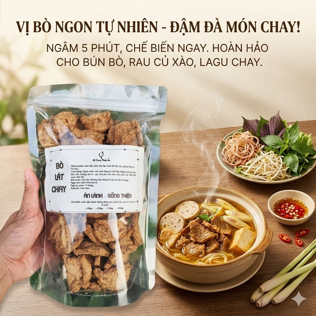 Bò Lát Chay Pháp Ấn, hàng Việt 500gr làm từ đạm đậu nành, xào rau củ, nấu bún bò chay, lagu chay, bú