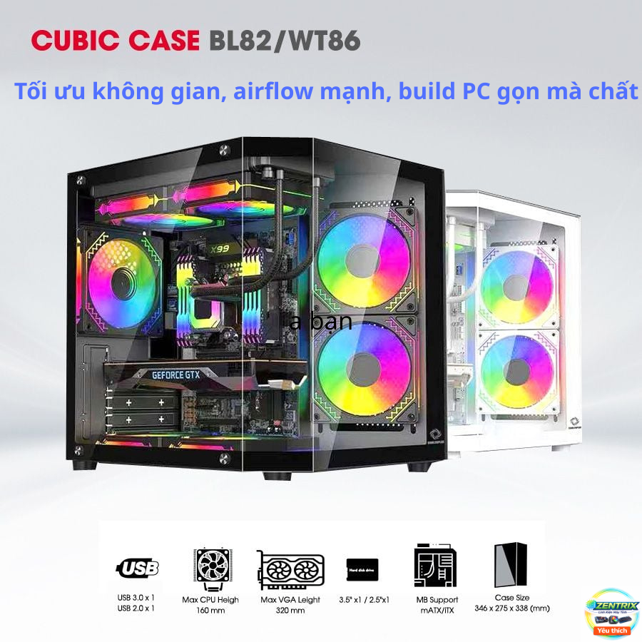 Vỏ Case Máy Tính CUBIC BL82/WT86 COOLERPLUS – Hỗ Trợ mATX/Mini ITX, VGA 320mm, Tản 160mm, Case Gamin
