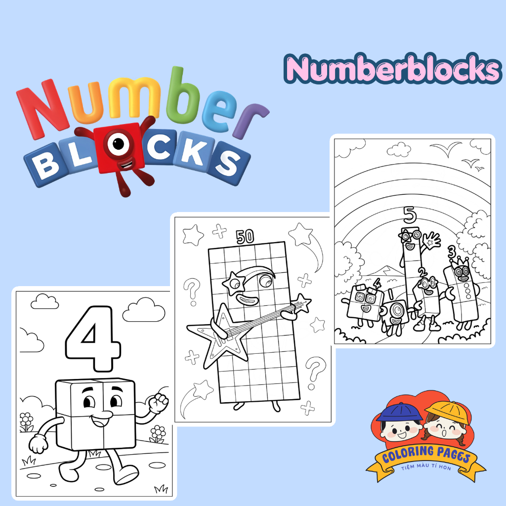 Combo 50/25 tờ tranh tô màu, tranh tập tô cho bé hình hoạt hình Numberblocks giấy A4, A5 T0161NK