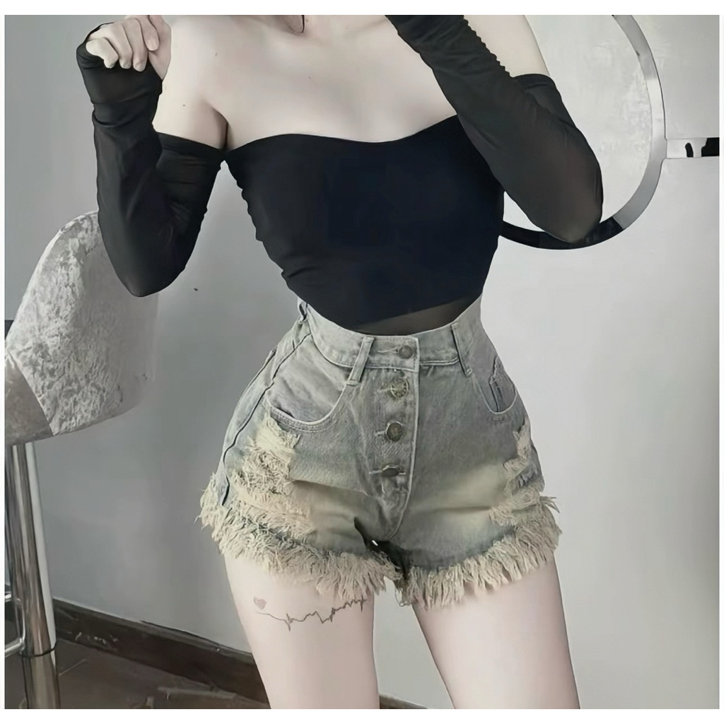 Quần short jean 4 nút nhiều màu lai tua-MOXIE BOUTIQUE-