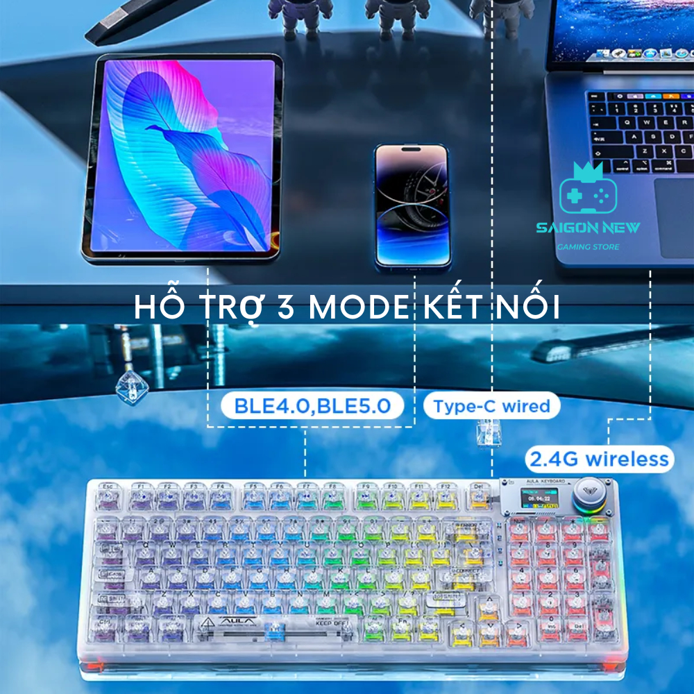 Bàn phím cơ không dây AULA F98 PRO v3 - Bàn phím cơ có màn hình tùy chỉnh, 3 mode kết nối | BigBuy360 - bigbuy360.vn