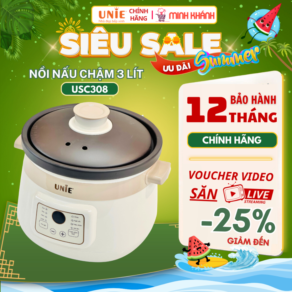 Nồi kho hầm chuyên dụng USC308/USC208 Unie - 3L/2L, Nồi nấu chậm, nồi kho cá, 8 chức năng, lòng gốm