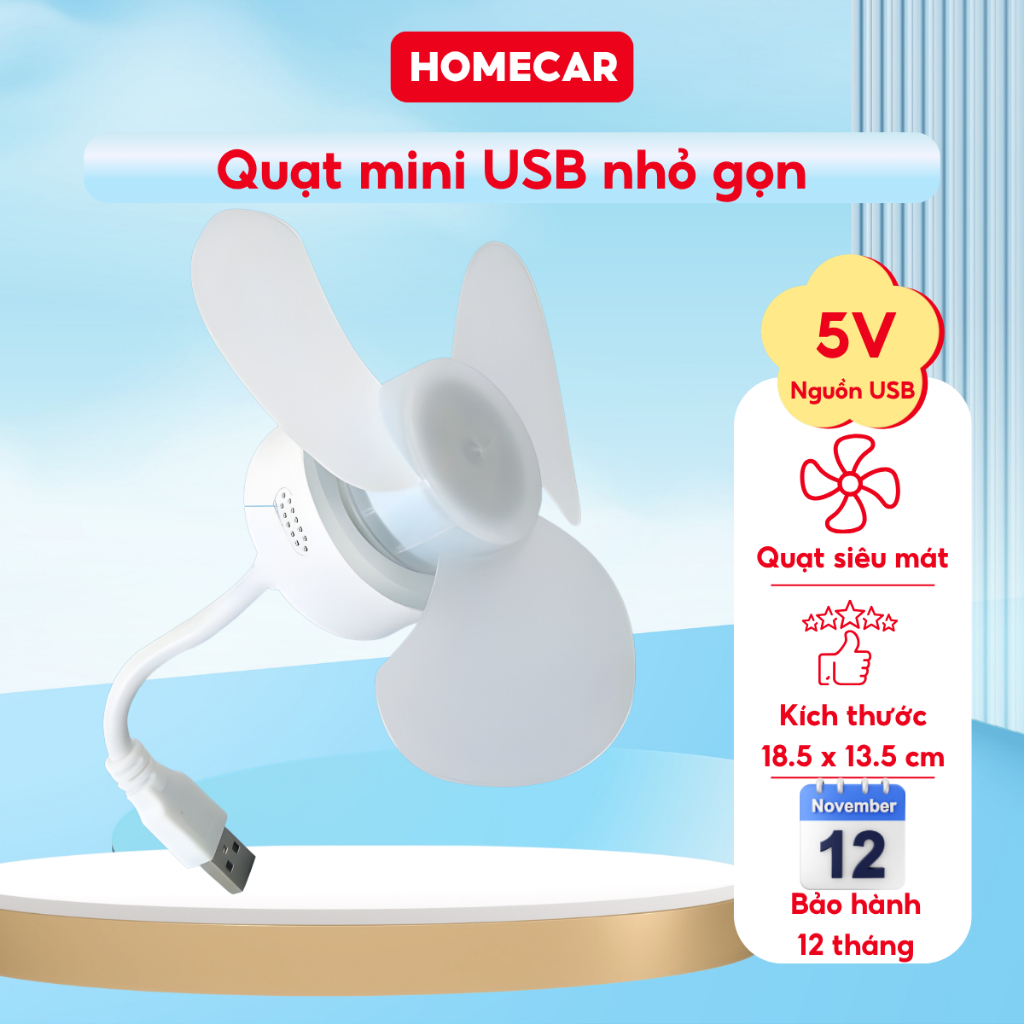 Quạt Mini USB Ô Tô Cắm Cổng Sạc, Quạt USB Xe Hơi 3 Cánh Xoay Linh Hoạt