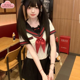 Set áo váy thuỷ thủ logo mèo cosplay tay dài tay kèm nơ/ Seifuku JK phong cách học sinh Nhật Bản váy không quần bảo hộ
