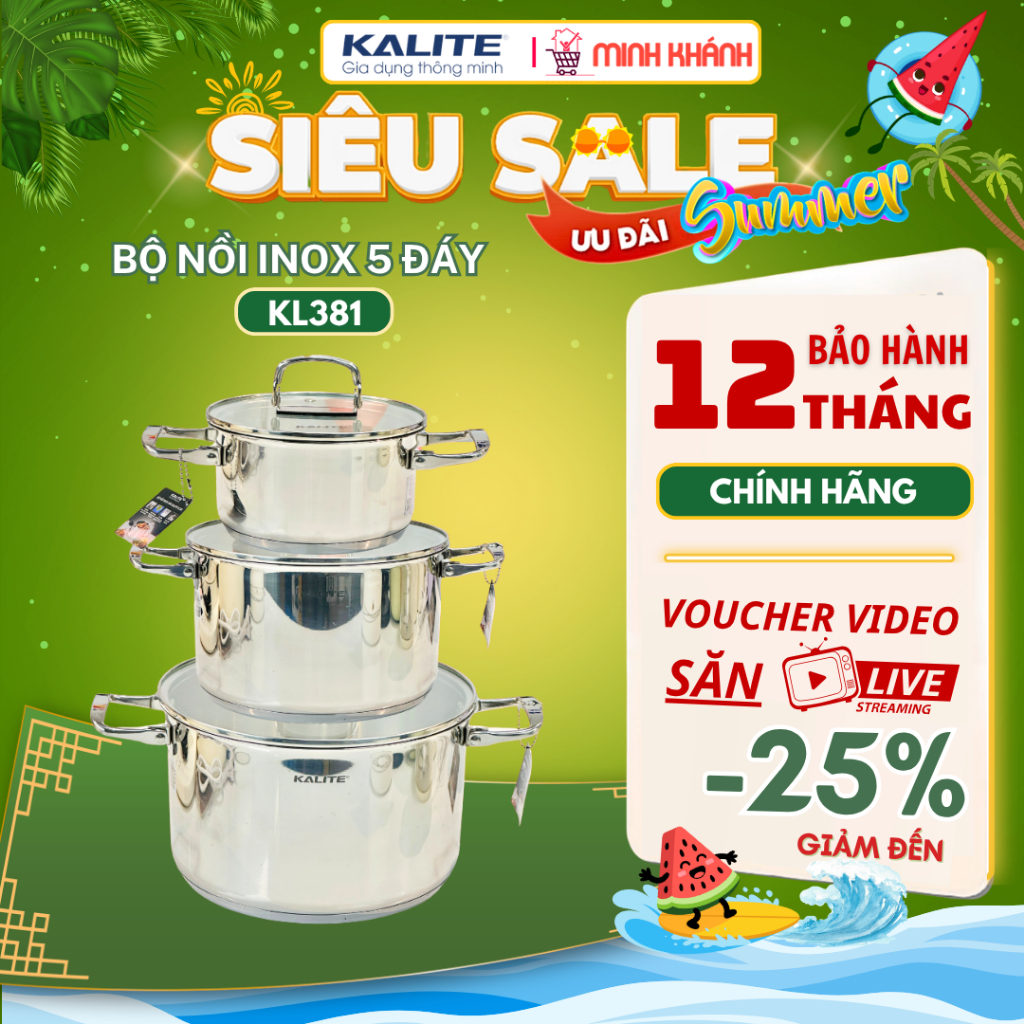 Bộ nồi inox 304 Kalite KL381 - 5 đáy, Nắp kính, size 16-20-24cm giữ nhiệt lâu, Quai gấp, Dày dặn