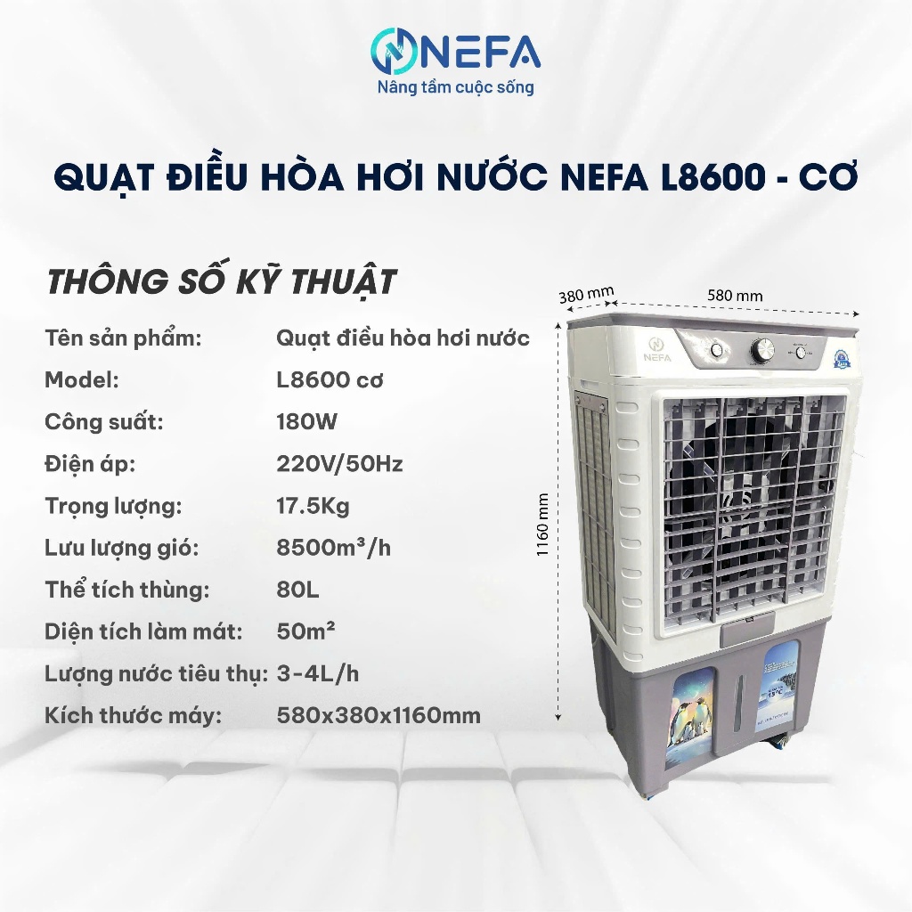 Quạt điều hòa hơi nước Nefa L8600, 80 lít, công suất lớn, đảo gió điều hoà, nút cơ – Cơ-BH 2 năm