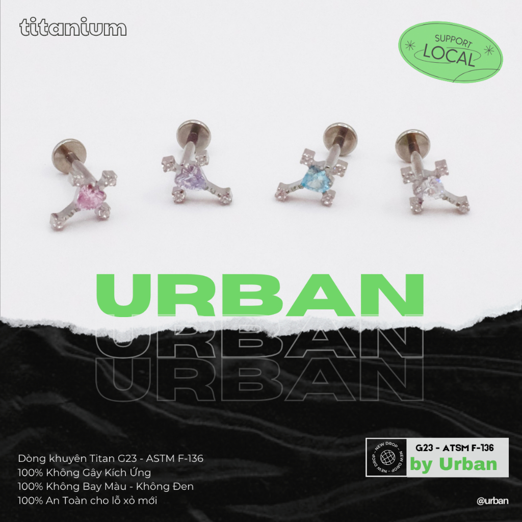 [1 Mặt Khuyên] Khuyên tai, chất liệu titan G23 F136 THÁNH GIÁ TIM Không Ngứa Không Đen urban [XỎ]