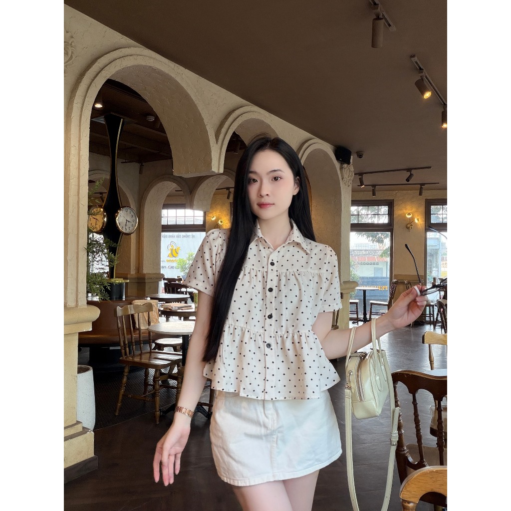 Áo sơ mi áo kiểu nữ babydoll họa tiết chấm bi hoa nhí xinh xắn LAMO - B1554 | BigBuy360 - bigbuy360.vn