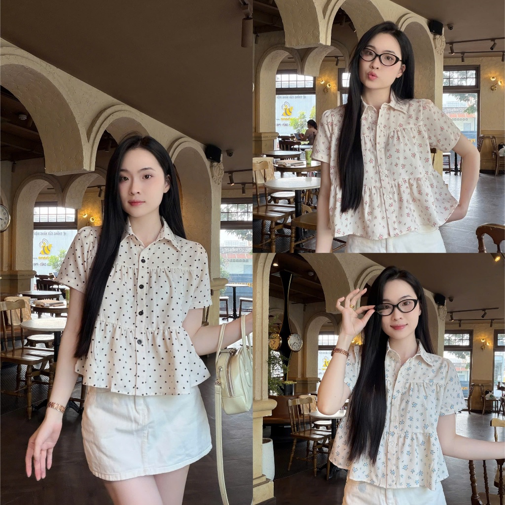 Áo sơ mi áo kiểu nữ babydoll họa tiết chấm bi hoa nhí xinh xắn LAMO - B1554