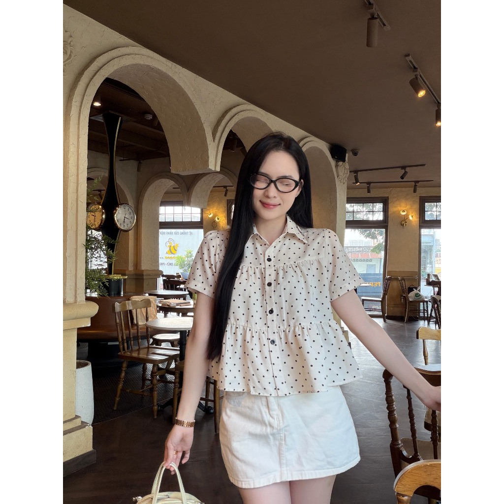 Áo sơ mi áo kiểu nữ babydoll họa tiết chấm bi hoa nhí xinh xắn LAMO - B1554 | BigBuy360 - bigbuy360.vn