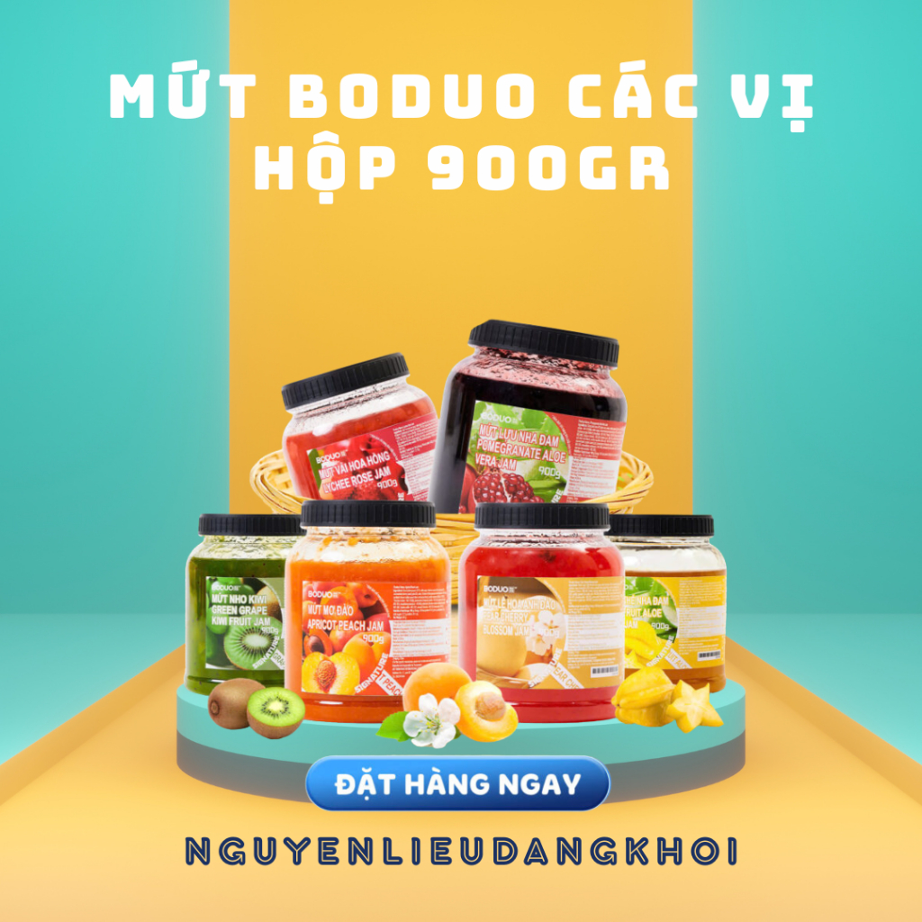 [[CHÍNH HÃNG] MỨT BODUO 900GR các vị chery, khế nha đam, lựu nha đam, mơ đào, đào hồng....