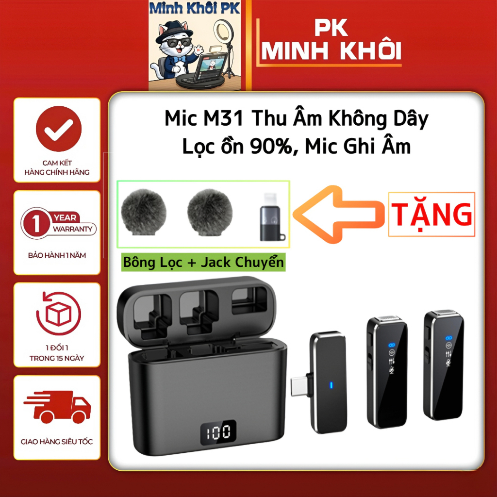 Mic M31 Thu Âm Không Dây Điện Thoại, Micro Ghi Âm Hỗ Trợ Lọc Ồn 90%