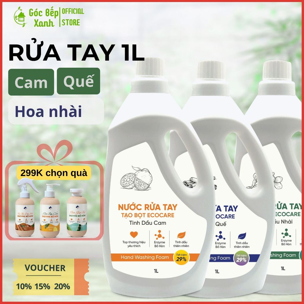 Nước rửa tay Ecocare Hữu Cơ Dạng Bọt tinh dầu cam, quế, nhài chai 1 lít