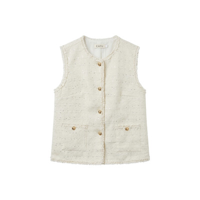 TUBYCATU Áo Gile Tweed Nút Vàng Viền Tua Rua White Tweed Top