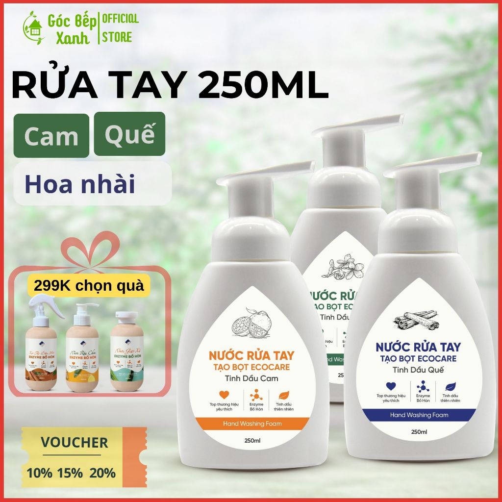 Nước rửa tay Ecocare bồ hòn hữu cơ dạng bọt cam, quế, nhài 250ml