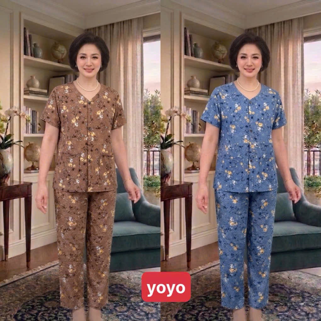 Bộ Đồ Thun Lạnh Áo Bà Ba Tay Cộc Quần Dài Cho Người già
